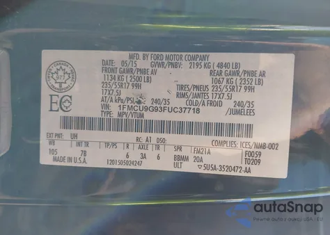 2015 Ford Escape Se from USA, damaged, VIN 1FMCU9G93FUC37718